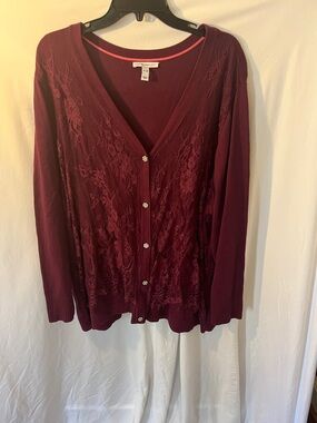 Isaac Mizrahi Live Wine Lace-Front Button Cardigan